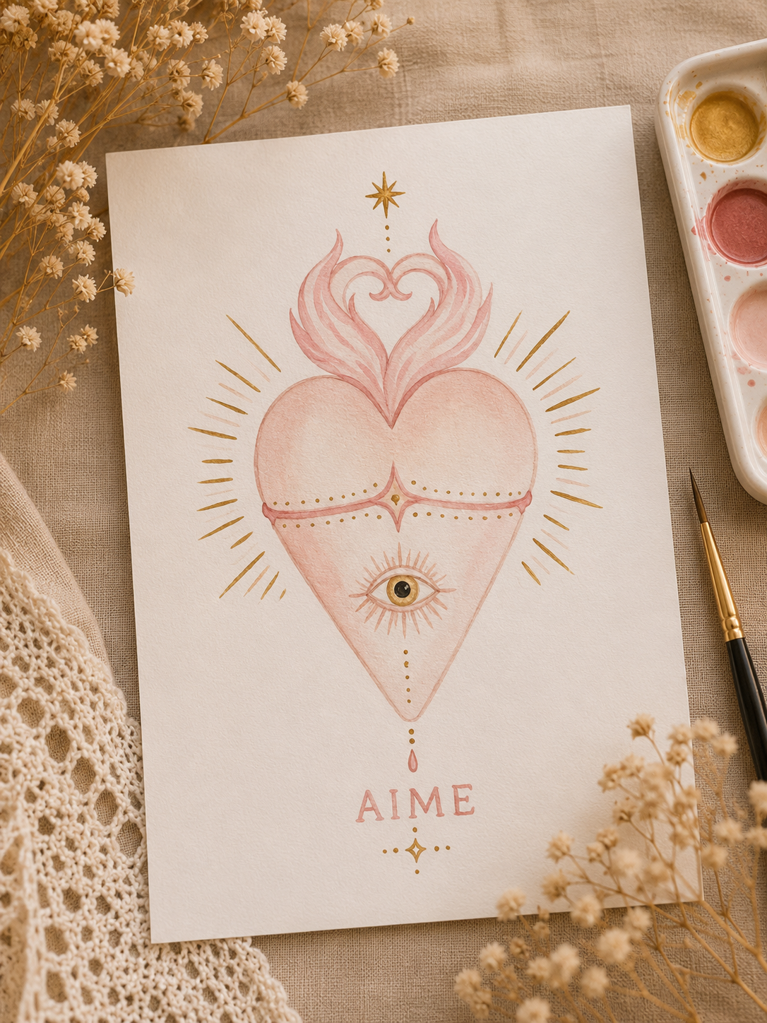 Aquarelle « Aime » — cœur rose et œil