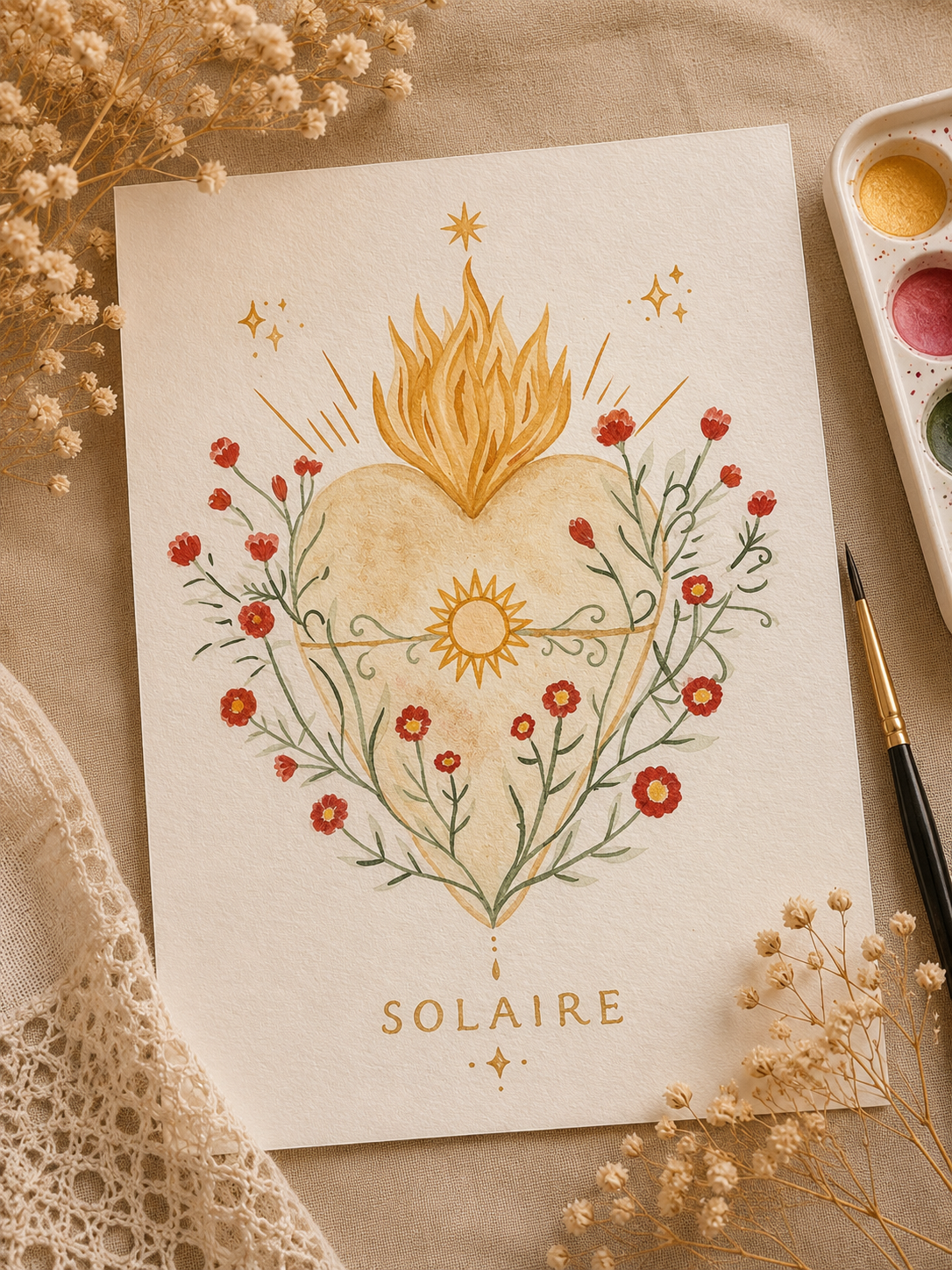 Aquarelle « Solaire » — cœur fleuri et soleil